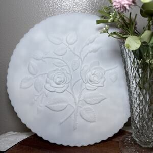 Imperial Milk Glass Embossed 3D White Rose Plate Platter Doeskin Serving Plate